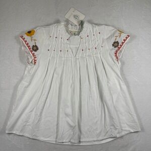 Ex Voto Maya Embroidered Blouse White Cotton Ruffle Neck Womens Large NWT $179‎
